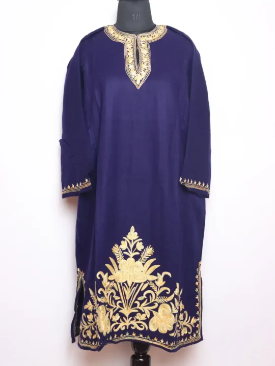 Dark Blue Saaj Kashmiri Pheran in Cashmilon Wool with Aari Work