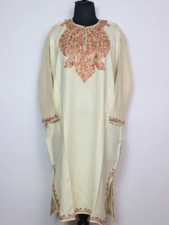 White Pheran in Rimsa Cashmilon Wool with Aari Work