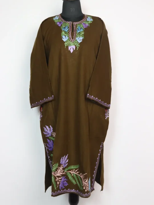 Olive Green Pheran Gulmarg with Aari Embroidery in Cashmilon Wool