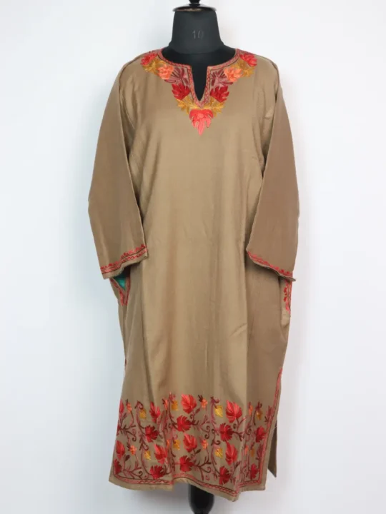 Woolen Beige Loose Pheran Gulmarg with Aari Work in Cashmilon
