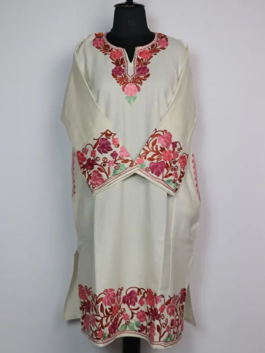White Pheran in Cashmilon Wool Gulmarg with Aari Embroidery
