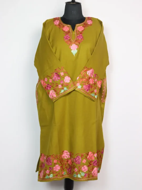 Pear Green Pheran in Cashmilon Wool with Aari Work Gulmarg