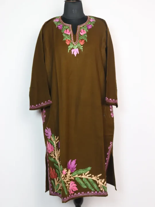 Gulmarg Olive Green Pheran in Cashmilon Wool with Aari Work