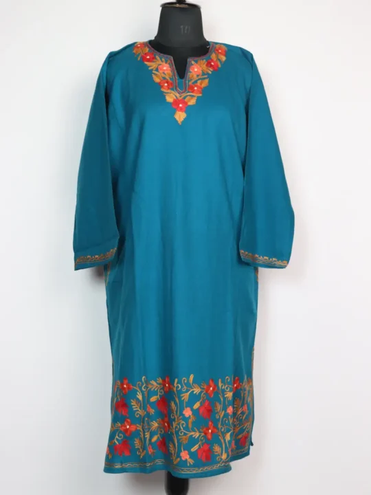 Woolen Oceanic Blue Pheran with Aari Work in Cashmilon Gulmarg
