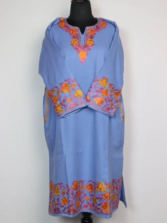 Sky Blue Woolen Pheran with Aari Work in Cashmilon Gulmarg