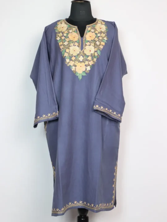 Woolen Pheran Dark Grey Anantnag in Cashmilon with Aari Work