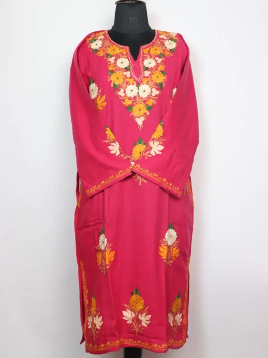 Pink Woolen Pheran Gurez in Cashmilon Wool with Booti Aari Embroidery