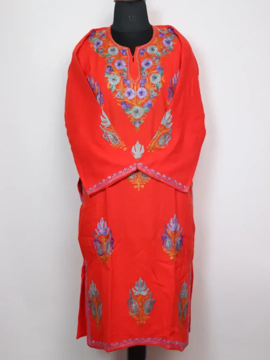 Bright Red Pheran Gurez Embroidered Booti with Aari in Cashmilon Wool