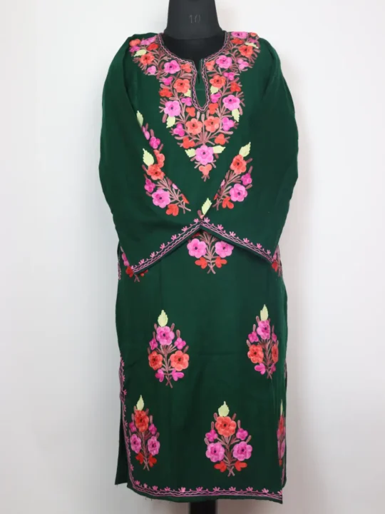 Pheran in Forest Green in Cashmilon Wool with Booti Aari Work Gurez