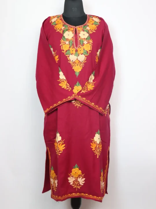 Gurez Magenta Pheran in Cashmilon Wool with Booti Aari Work