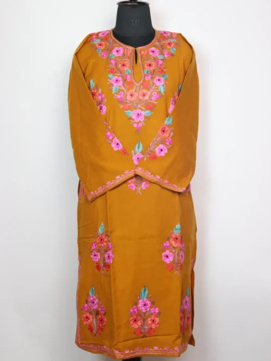 Woolen Mustard Pheran with Booti Aari Embroidery in Cashmilon Gurez