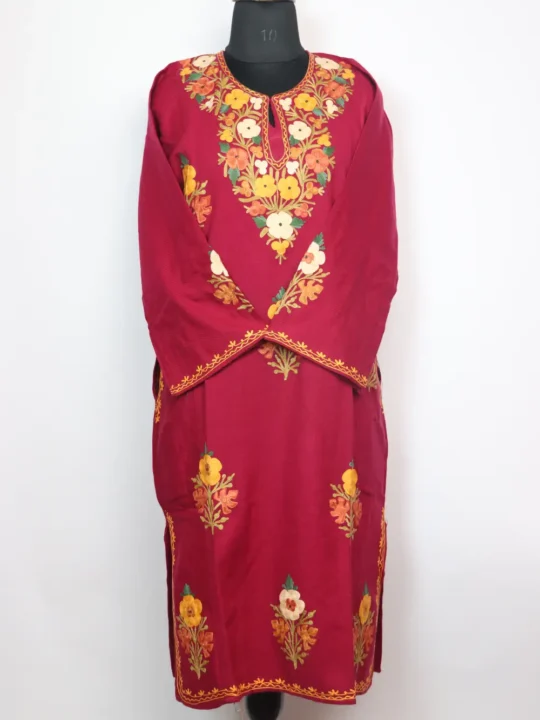 Magenta Pheran Gurez with Booti Aari Work in Cashmilon Wool