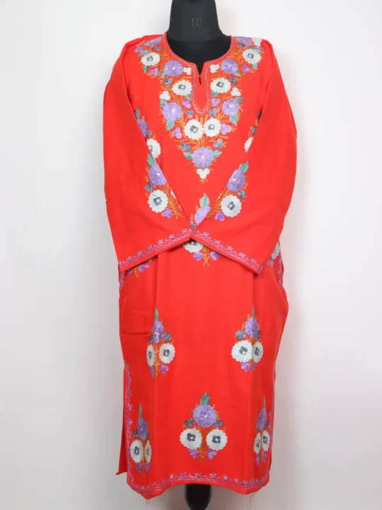Embroidered Bright Red Pheran with Booti Aari in Cashmilon Wool Gurez