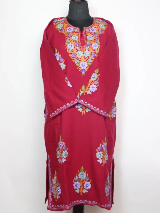 Magenta Woolen Pheran Gurez in Cashmilon with Booti Aari Work
