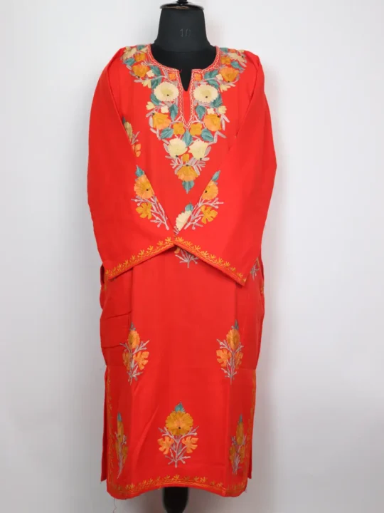 Woolen Pheran Bright Red Gurez in Cashmilon with Booti Aari Embroidery