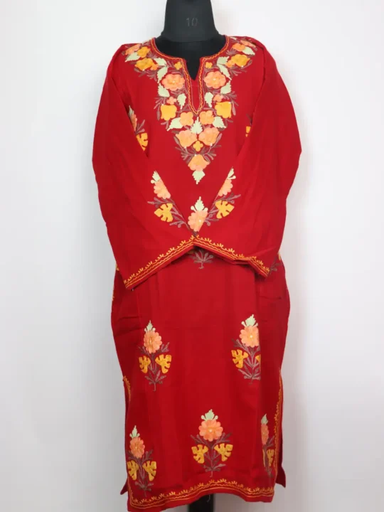 Maroon Pheran in Cashmilon Wool with Booti Aari Work Gurez