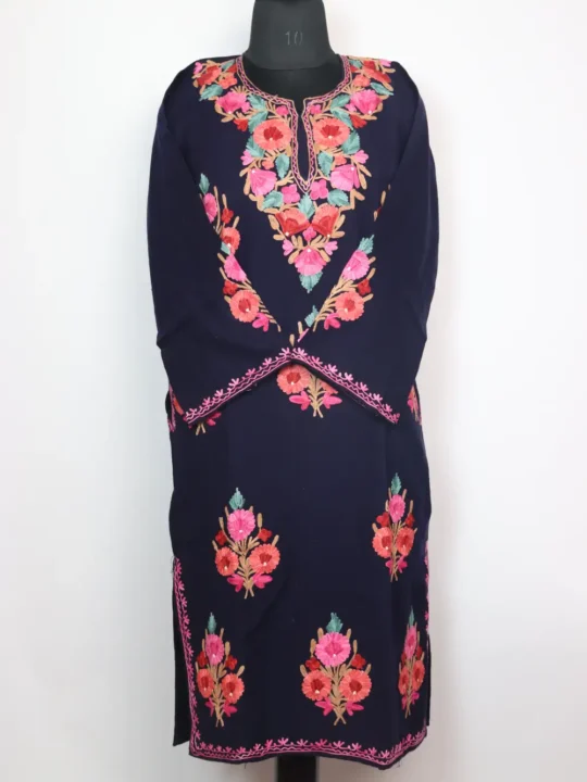 Midnight Blue Pheran in Cashmilon Wool Gurez with Booti Aari Embroidery