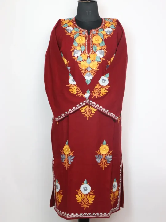 Maroon Pheran Embroidered with Booti Aari in Cashmilon Wool Gurez