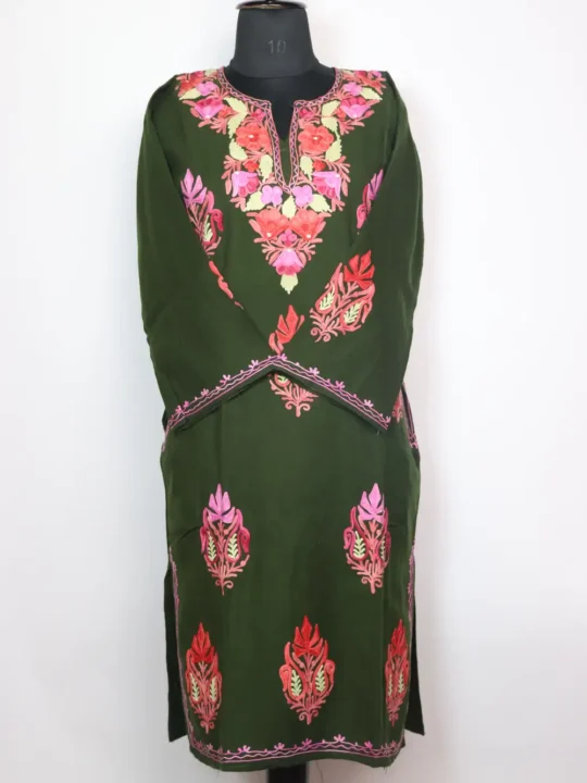 Dark Green Gurez Pheran in Cashmilon Wool with Booti Aari Work