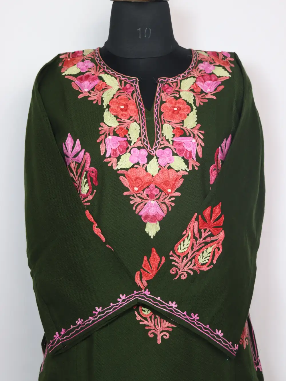 Dark Green Gurez Pheran in Cashmilon Wool with Booti Aari Work - Image 2