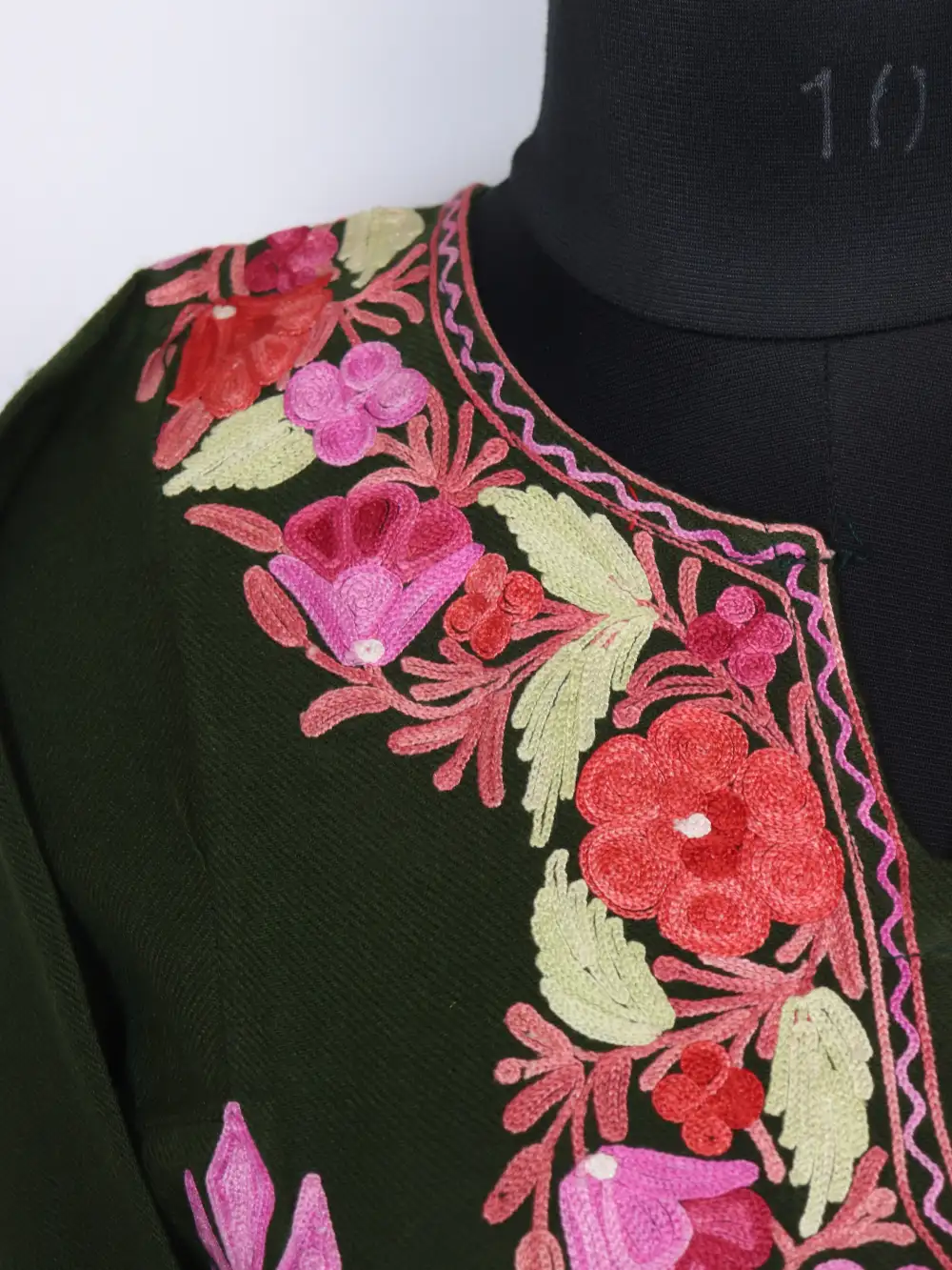 Dark Green Gurez Pheran in Cashmilon Wool with Booti Aari Work - Image 3