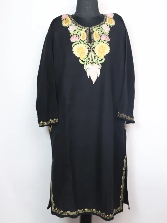 Woolen Black Pheran Sameena in Cashmilon with Aari Work