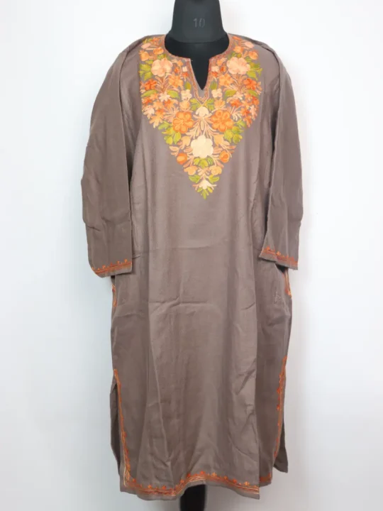 Beige Woolen Pheran with Aari Embroidery in Cashmilon Faiza
