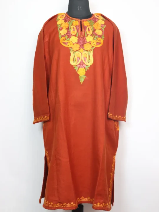 Wafa Rustic Orange Pheran with Aari Embroidery in Cashmilon Wool