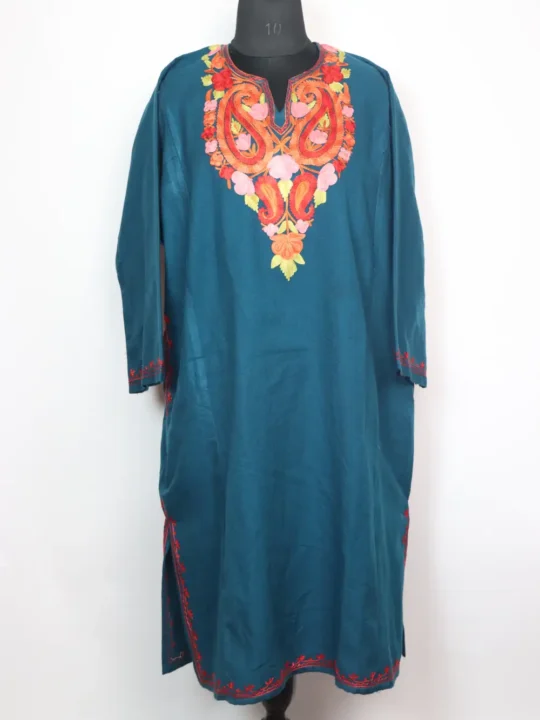 Teal Blue Pheran Naima in Cashmilon Wool with Aari Work