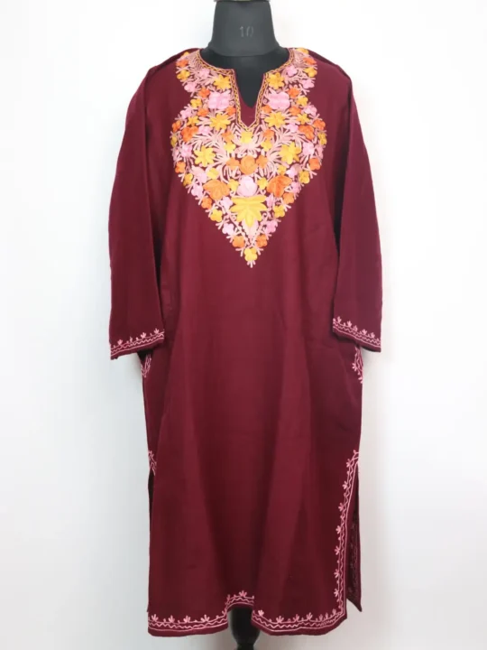 Woolen Maroon Pheran in Cashmilon with Aari Work Insha