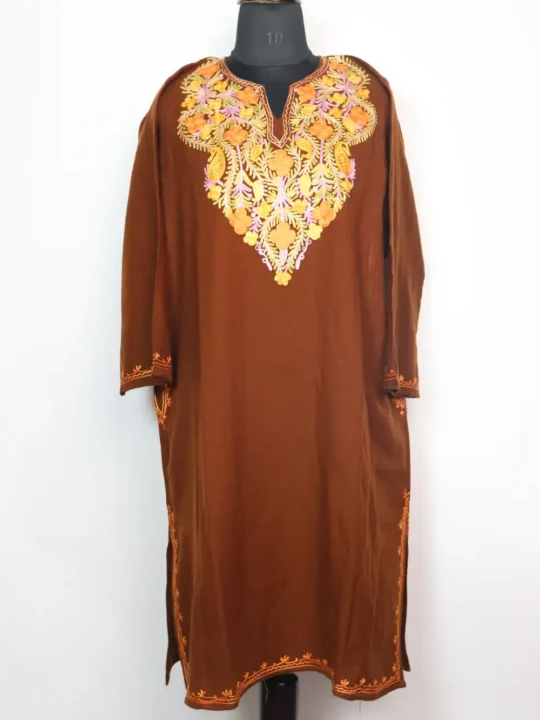 Brown Woolen Pheran Saila in Cashmilon with Aari Embroidery