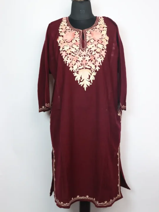 Embroidered Wine Pheran Sara with Aari in Cashmilon Wool