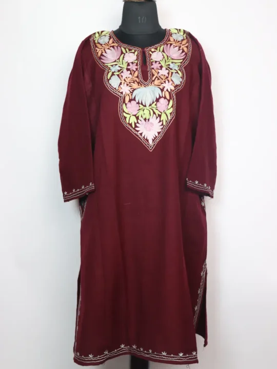 Wine Yasmin Pheran with Aari Embroidery in Cashmilon Wool