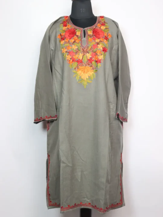 Woolen Dark Grey Pheran with Aari Embroidery in Cashmilon Jalila