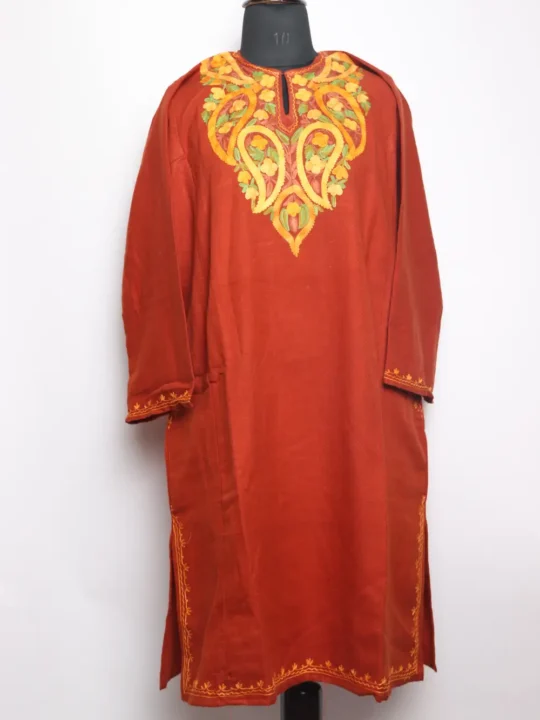 Liana Rustic Orange Pheran Embroidered with Aari in Cashmilon Wool