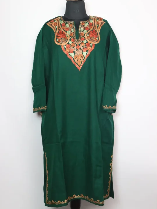 Woolen Dark Green Pheran in Cashmilon with Aari Work Zadibal