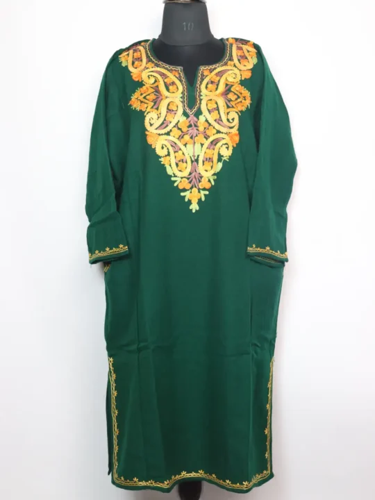Dark Green Woolen Pheran Zadibal in Cashmilon with Aari Embroidery