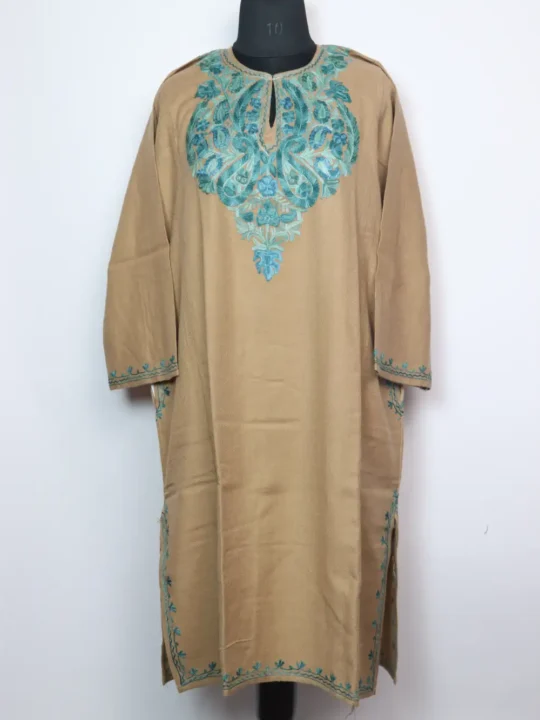 Skin Brown Pheran Mansbal in Cashmilon Wool Embroidered with Aari
