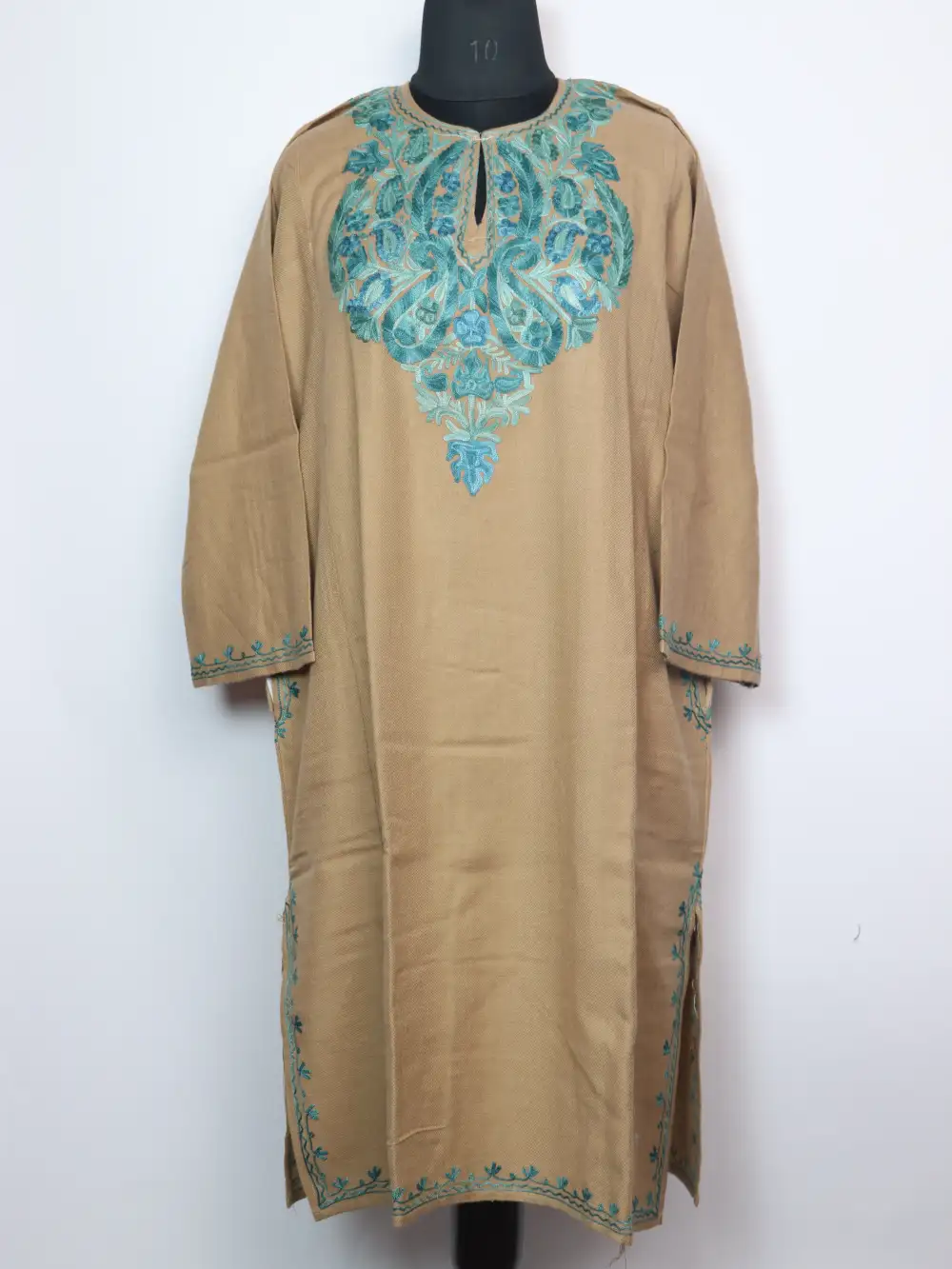 Skin Brown Pheran Mansbal in Cashmilon Wool Embroidered with Aari