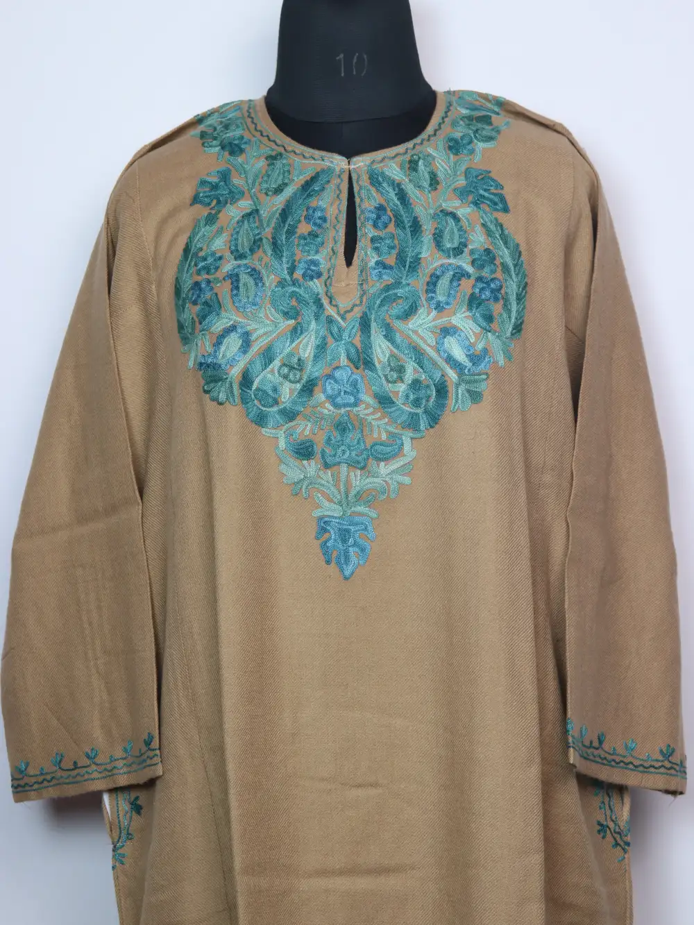 Skin Brown Pheran Mansbal in Cashmilon Wool Embroidered with Aari - Image 2