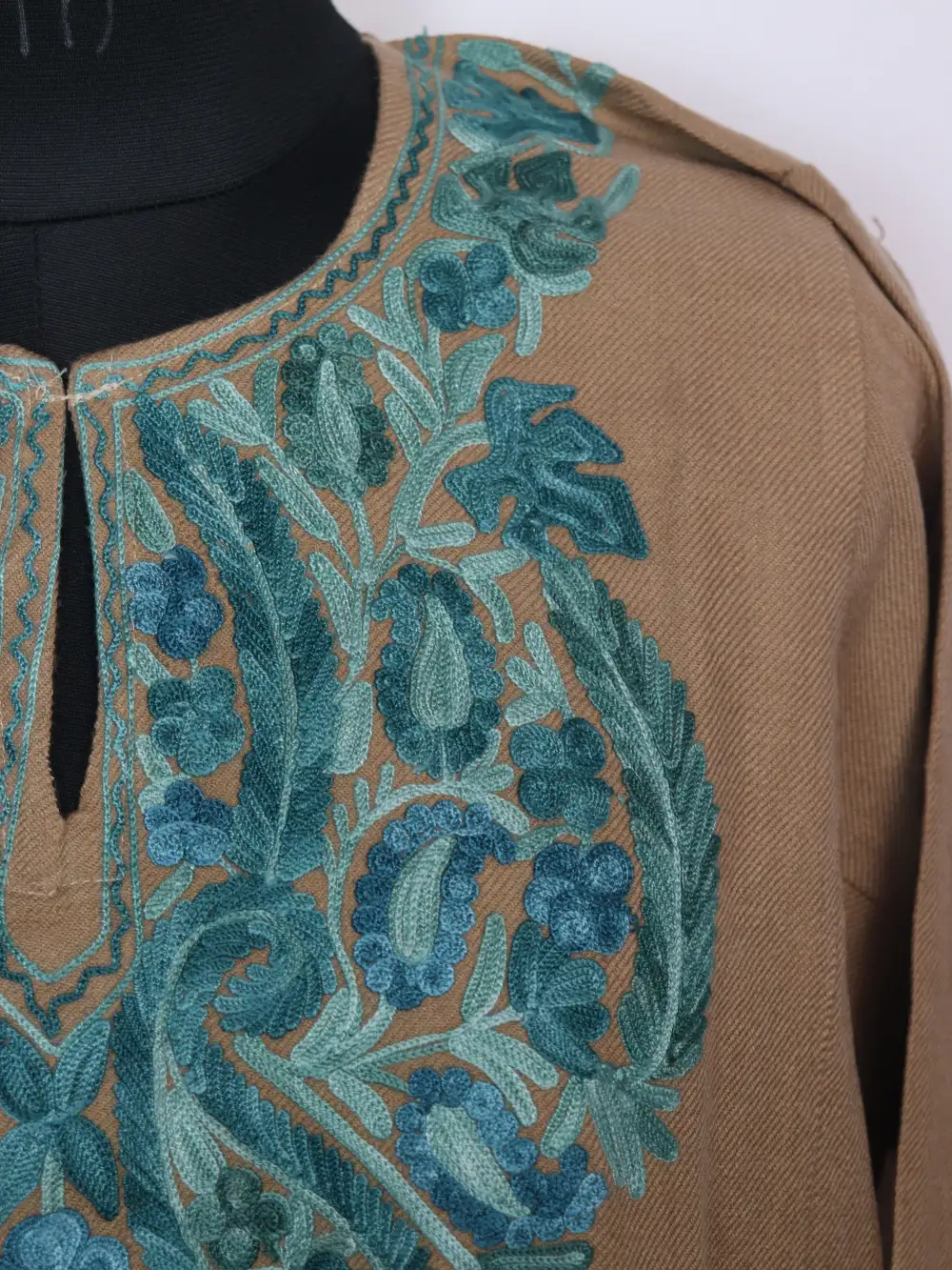 Skin Brown Pheran Mansbal in Cashmilon Wool Embroidered with Aari - Image 3