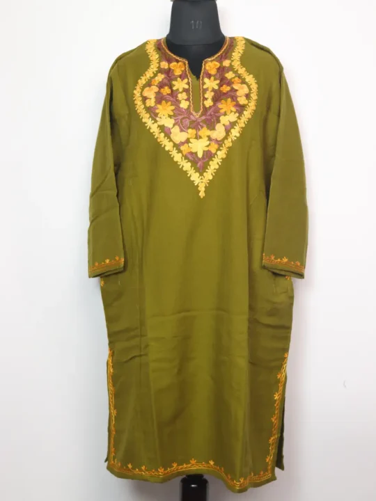 Olive Green Pheran Embroidered with Aari in Cashmilon Wool Mansbal