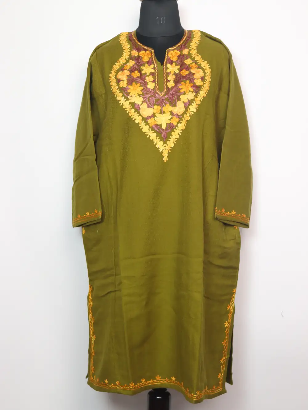 Olive Green Pheran Embroidered with Aari in Cashmilon Wool Mansbal