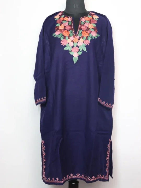 Mansbal Dark Blue Pheran in Cashmilon Wool with Aari Embroidery