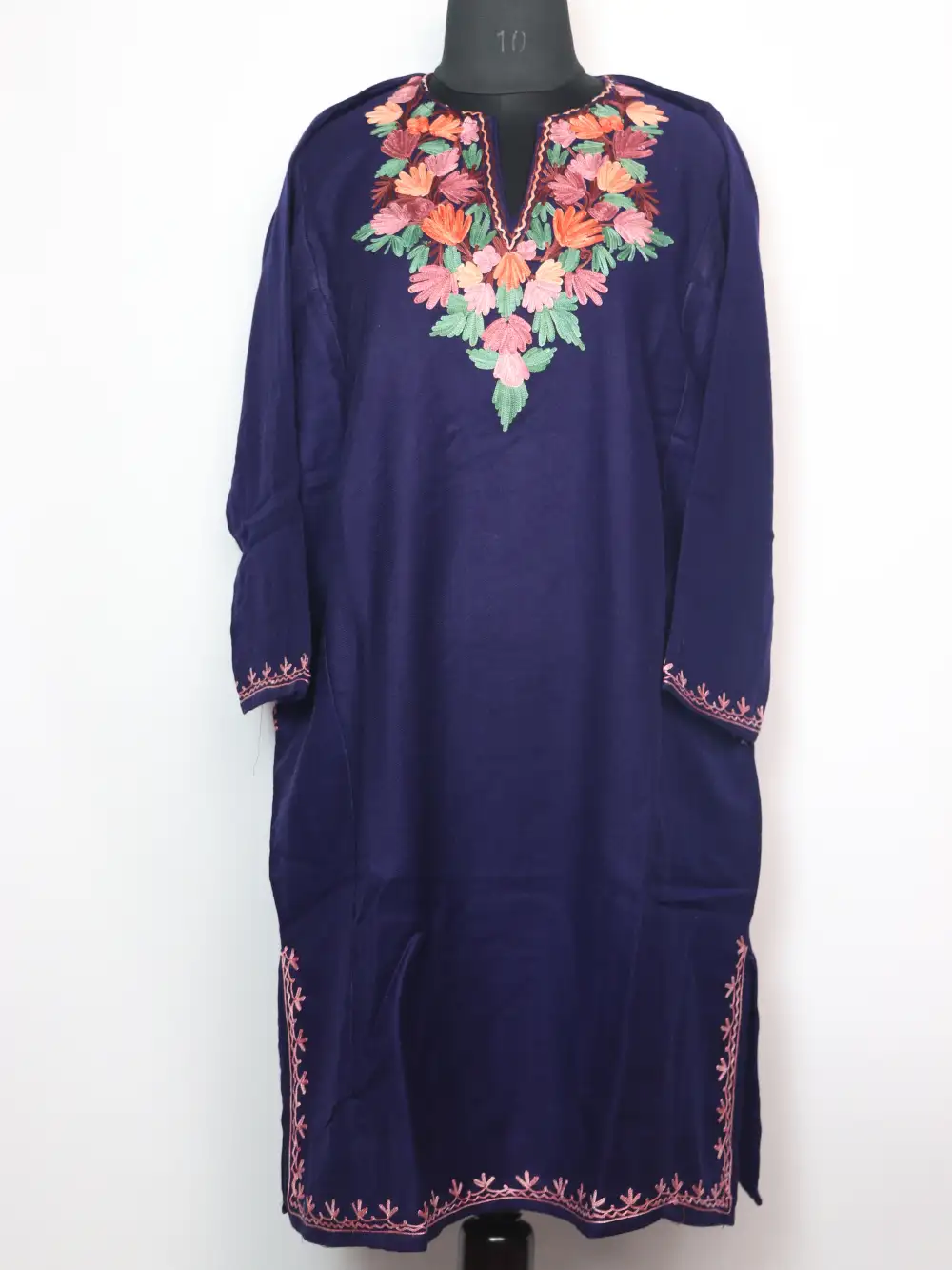 Mansbal Dark Blue Pheran in Cashmilon Wool with Aari Embroidery