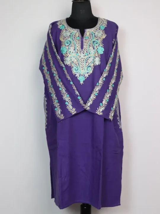 Embroidered Purple Loose Pheran Malika with Sleeve Aari in Cashmilon Wool