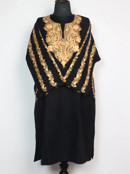 Woolen Sawda Black Pheran with Sleeve Aari Work in Cashmilon