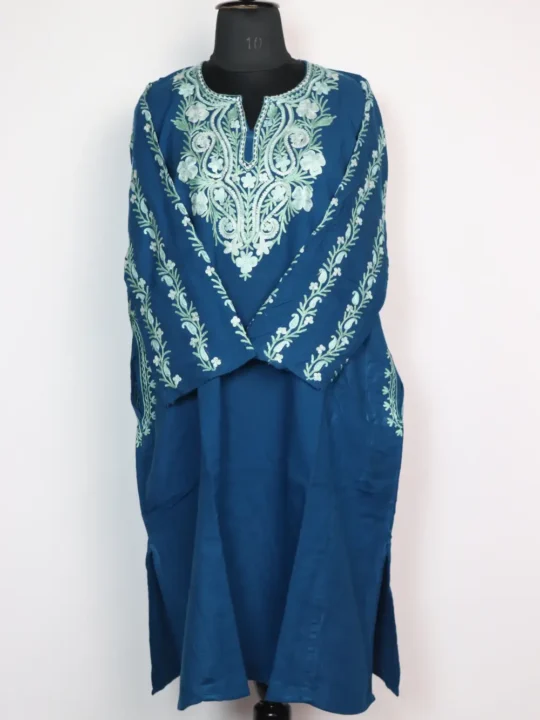 Loose Teal Blue Pheran Jalila in Cashmilon Wool with Sleeve Aari Embroidery