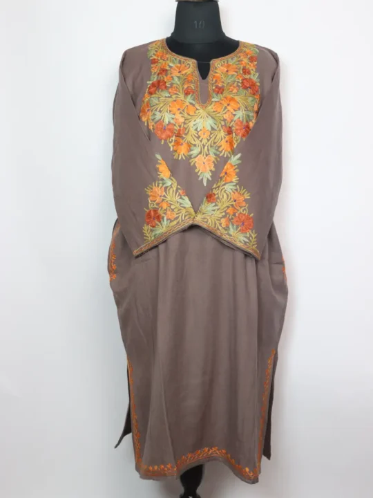 Cashmilon Wool Jabeen Beige Pheran with Sleeve Point Aari Embroidery
