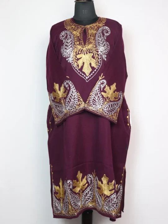 Wine Pheran Nazakat with Sleeve and Border Zari Work in Cashmilon Wool